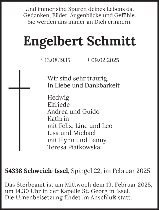 Traueranzeige von Engelbert Schmitt von trierischer_volksfreund