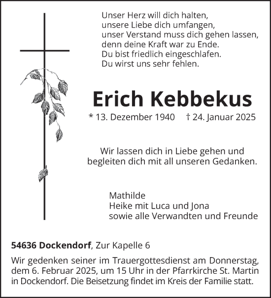 Traueranzeige von Erich Kebbekus von trierischer_volksfreund