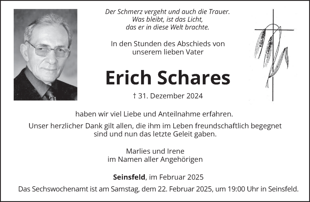  Traueranzeige für Erich Schares vom 15.02.2025 aus trierischer_volksfreund