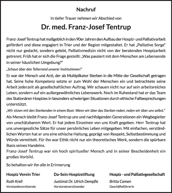 Traueranzeige von Franz-Josef Tentrup von trierischer_volksfreund