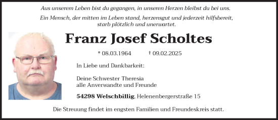 Traueranzeige von Franz Josef Scholtes von trierischer_volksfreund