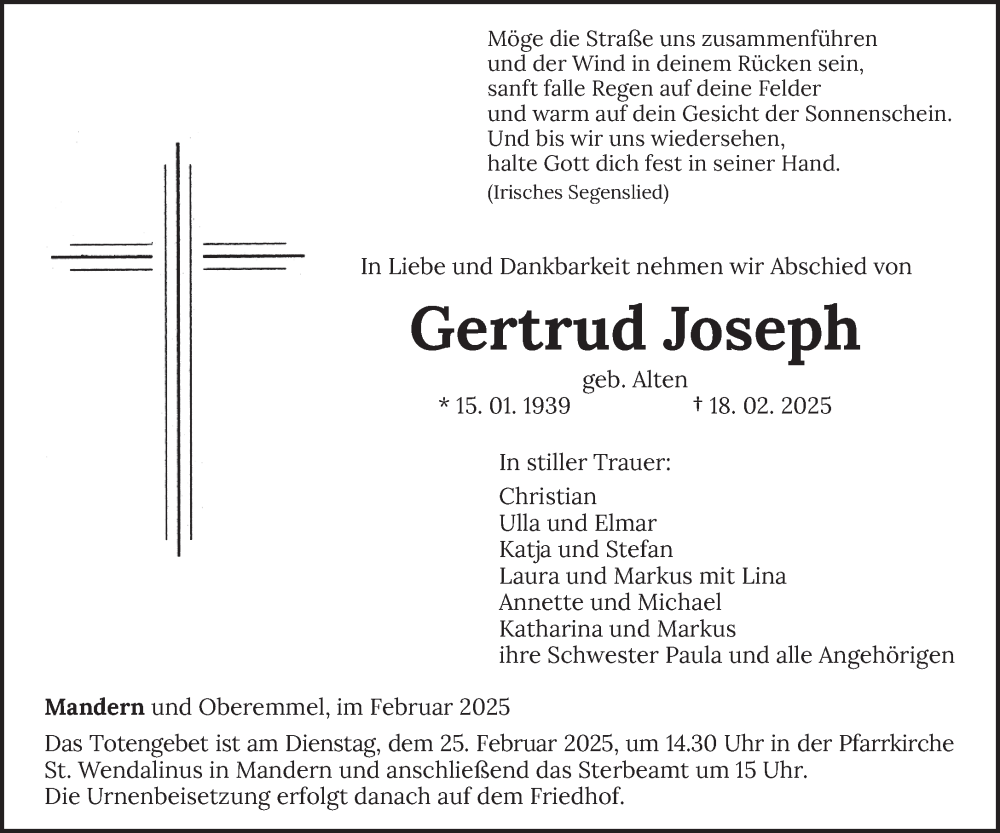  Traueranzeige für Gertrud Joseph vom 22.02.2025 aus trierischer_volksfreund