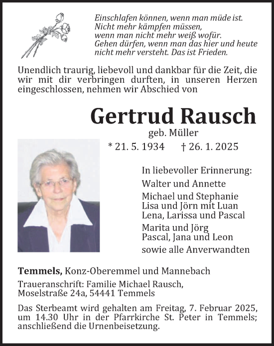 Traueranzeige von Gertrud Rausch von trierischer_volksfreund
