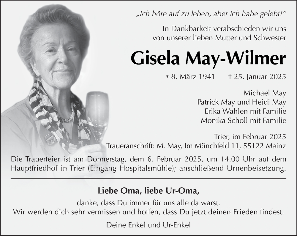  Traueranzeige für Gisela May-Wilmer vom 01.02.2025 aus trierischer_volksfreund