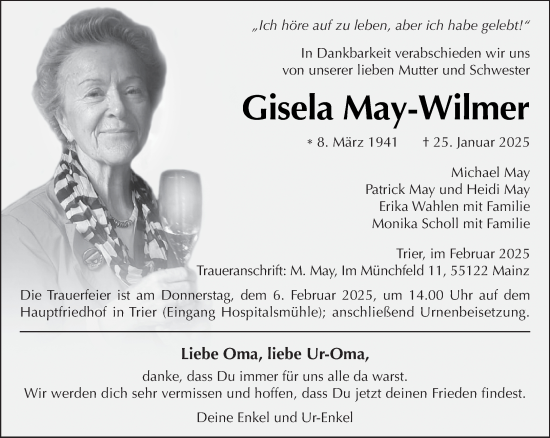 Traueranzeige von Gisela May-Wilmer von trierischer_volksfreund