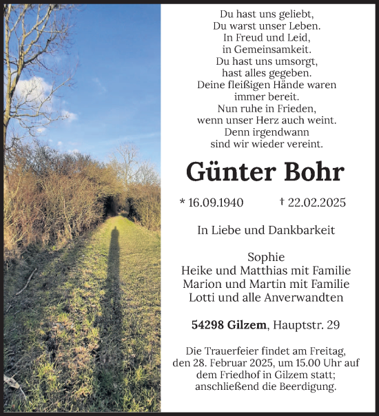 Traueranzeige von Günter Bohr von trierischer_volksfreund