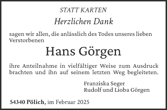 Traueranzeige von Hans Görgen von trierischer_volksfreund