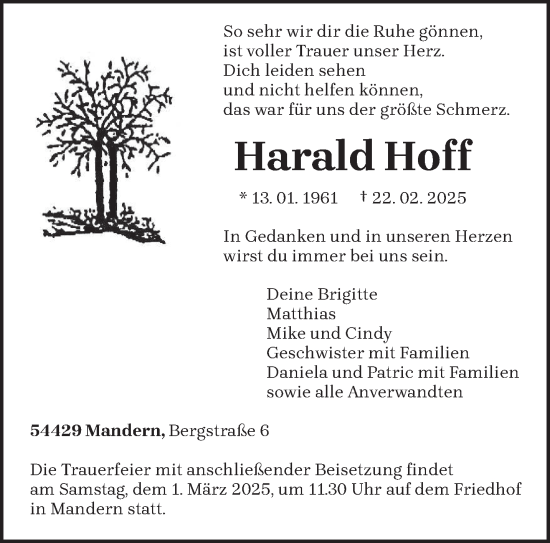 Traueranzeige von Harald Hoff von trierischer_volksfreund