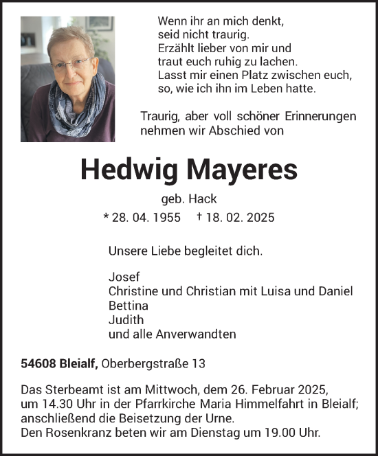 Traueranzeige von Hedwig Mayeres von trierischer_volksfreund