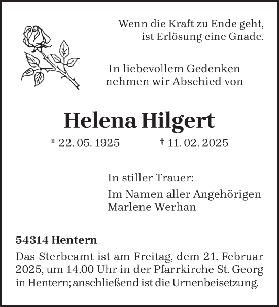 Traueranzeige von Helena Hilgert von trierischer_volksfreund