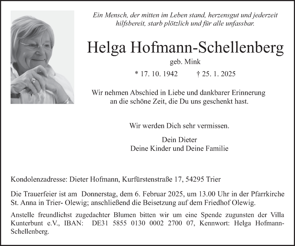  Traueranzeige für Helga Hofmann-Schellenberg vom 01.02.2025 aus trierischer_volksfreund