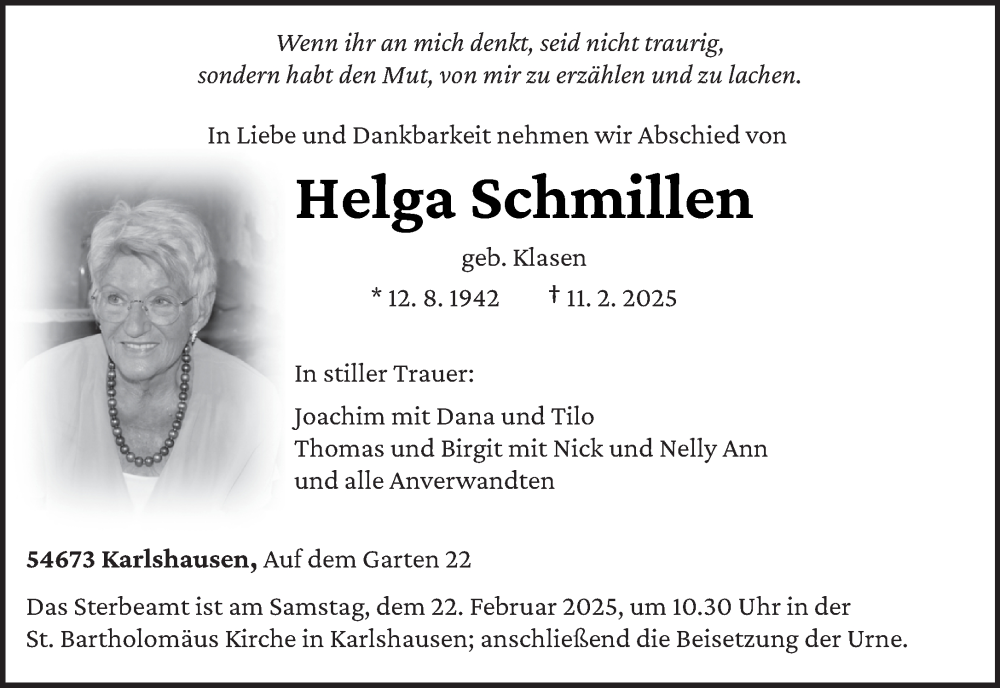  Traueranzeige für Helga Schmillen vom 19.02.2025 aus trierischer_volksfreund