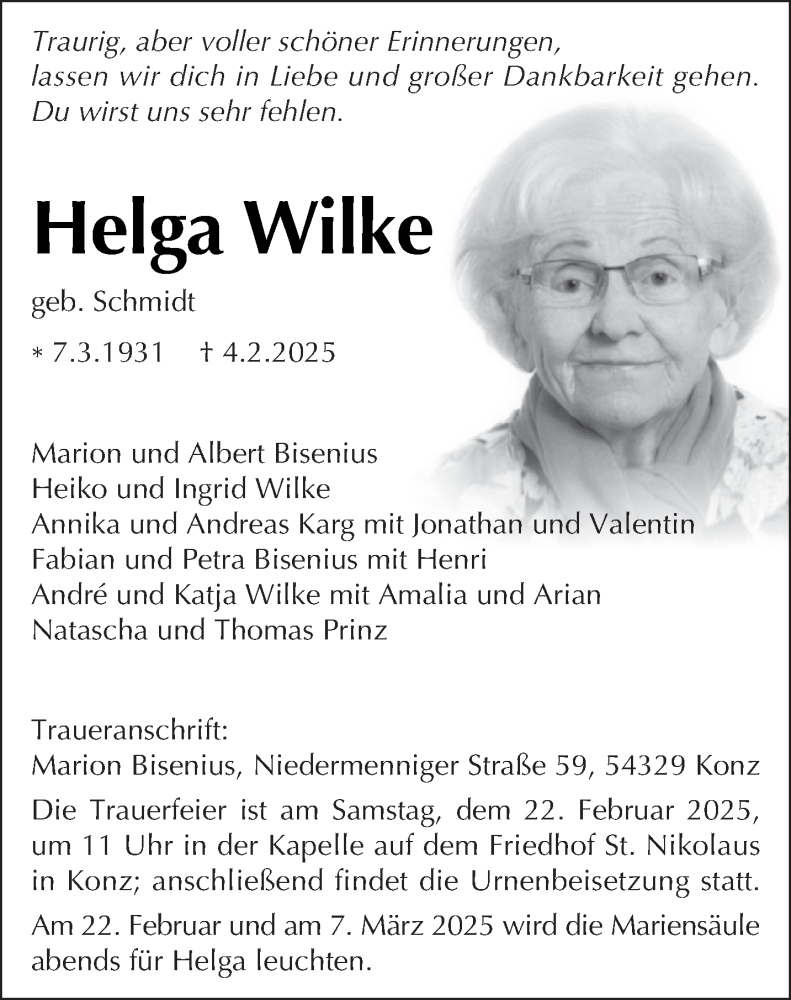 Traueranzeige für Helga Wilke vom 15.02.2025 aus trierischer_volksfreund