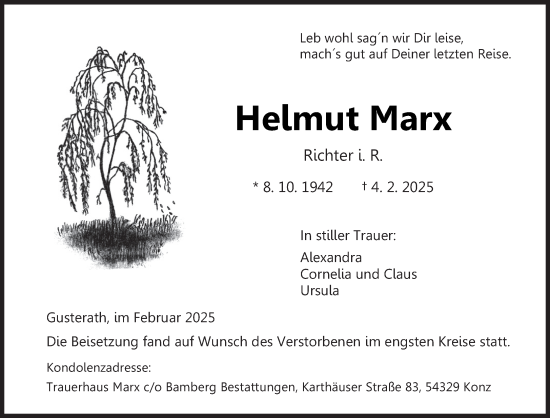 Traueranzeige von Helmut Marx von trierischer_volksfreund