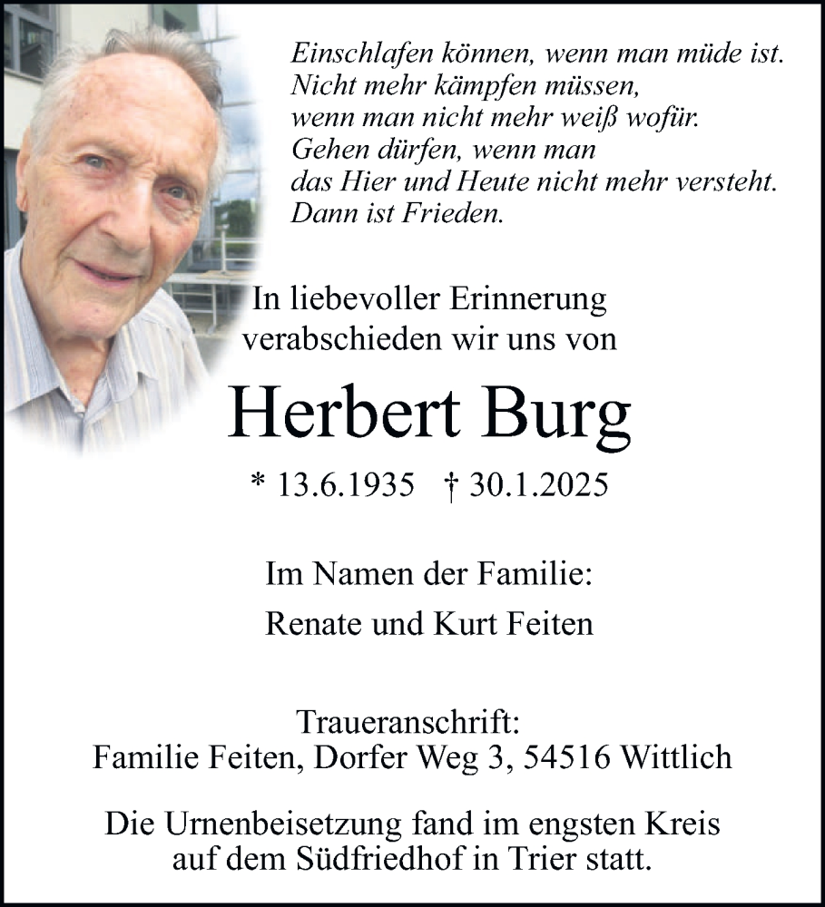  Traueranzeige für Herbert Burg vom 15.02.2025 aus trierischer_volksfreund