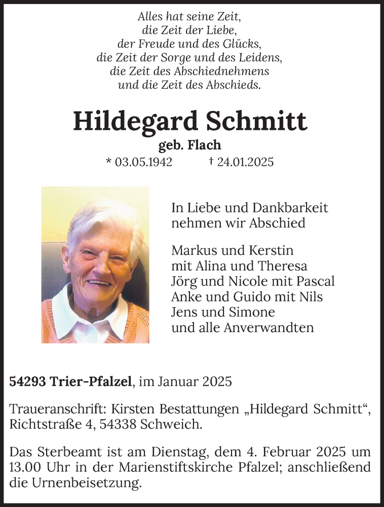  Traueranzeige für Hildegard Schmitt vom 01.02.2025 aus trierischer_volksfreund