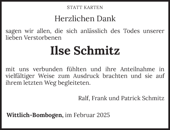 Traueranzeige von Ilse Schmitz von trierischer_volksfreund