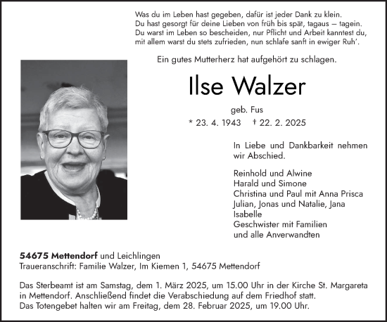 Traueranzeige von Ilse Walzer von trierischer_volksfreund