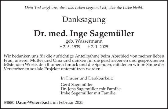 Traueranzeige von Inge Sagemüller von trierischer_volksfreund