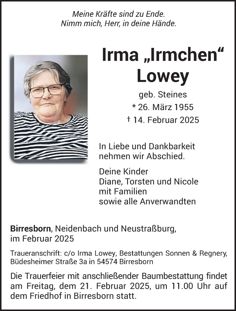  Traueranzeige für Irma Lowey vom 18.02.2025 aus trierischer_volksfreund