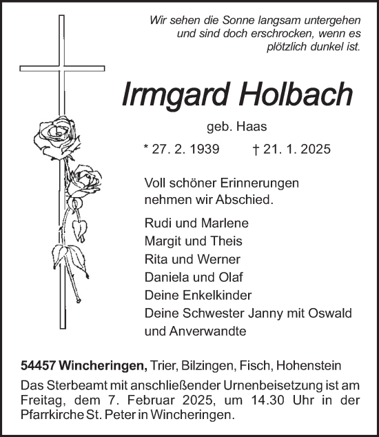 Traueranzeige von Irmgard Holbach von trierischer_volksfreund