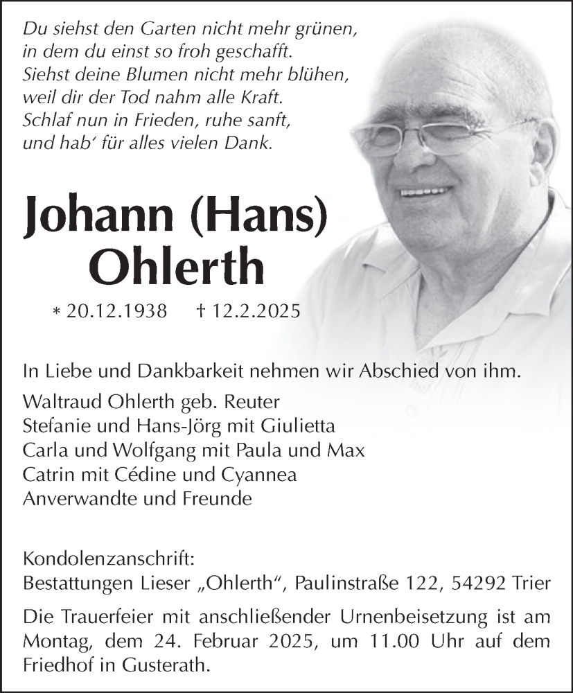  Traueranzeige für Johann Ohlerth vom 19.02.2025 aus trierischer_volksfreund