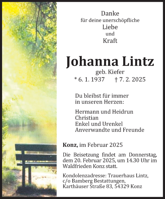 Traueranzeige von Johanna Lintz von trierischer_volksfreund