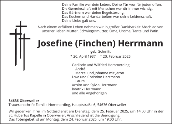 Traueranzeige von Josefine (Finchen) Herrmann von trierischer_volksfreund