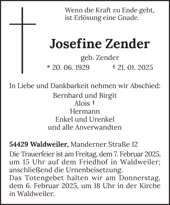 Traueranzeige von Josefine Zender von trierischer_volksfreund