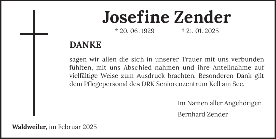 Traueranzeige von Josefine Zender von trierischer_volksfreund