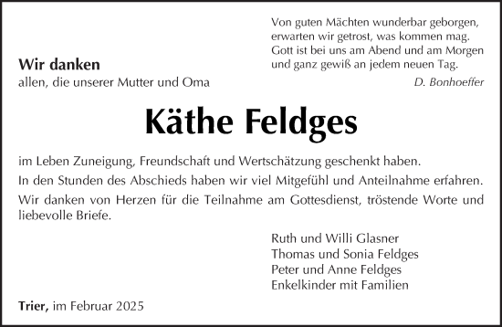 Traueranzeige von Käthe Feldges von trierischer_volksfreund