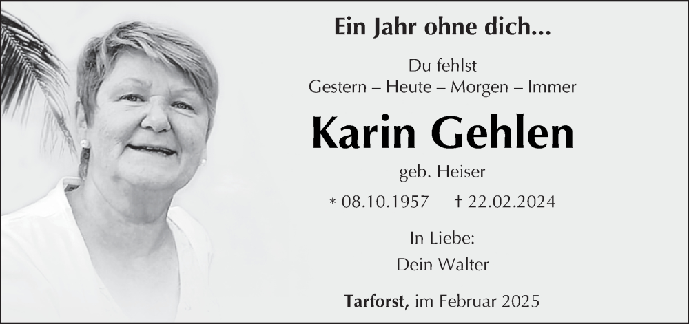  Traueranzeige für Karin Gehlen vom 22.02.2025 aus trierischer_volksfreund