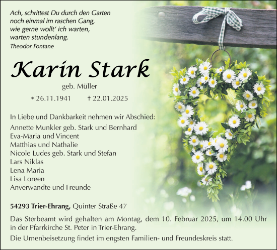 Traueranzeige von Karin Stark von trierischer_volksfreund