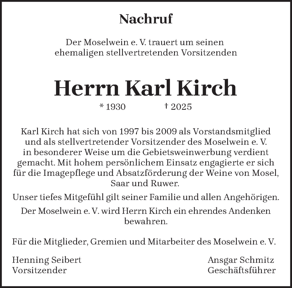 Traueranzeige für Karl Kirch vom 22.02.2025 aus trierischer_volksfreund
