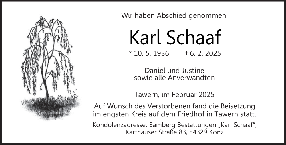  Traueranzeige für Karl Schaaf vom 19.02.2025 aus trierischer_volksfreund