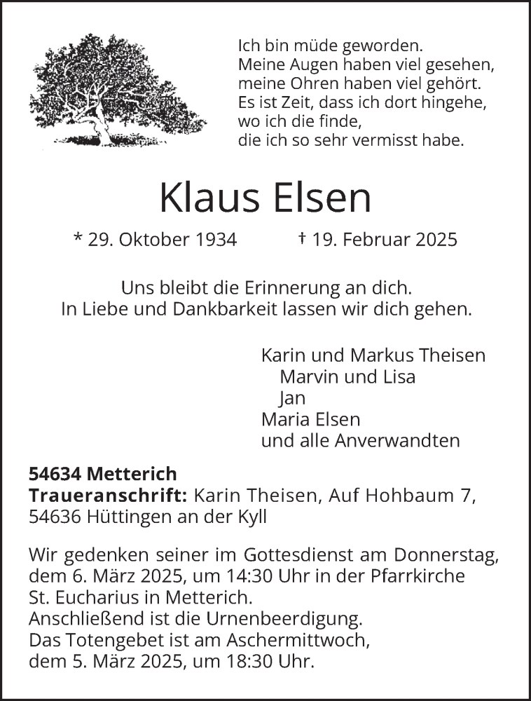  Traueranzeige für Klaus Elsen vom 26.02.2025 aus trierischer_volksfreund
