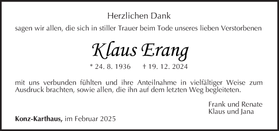Traueranzeige von Klaus Erang von trierischer_volksfreund