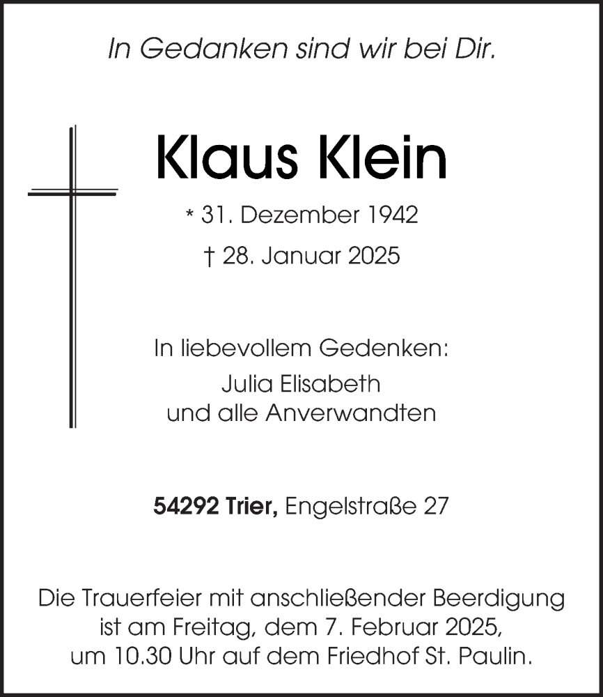  Traueranzeige für Klaus Klein vom 01.02.2025 aus trierischer_volksfreund