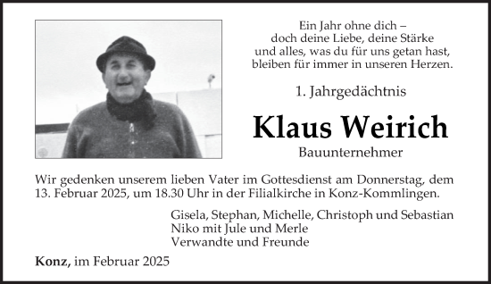 Traueranzeige von Klaus Weirich von trierischer_volksfreund
