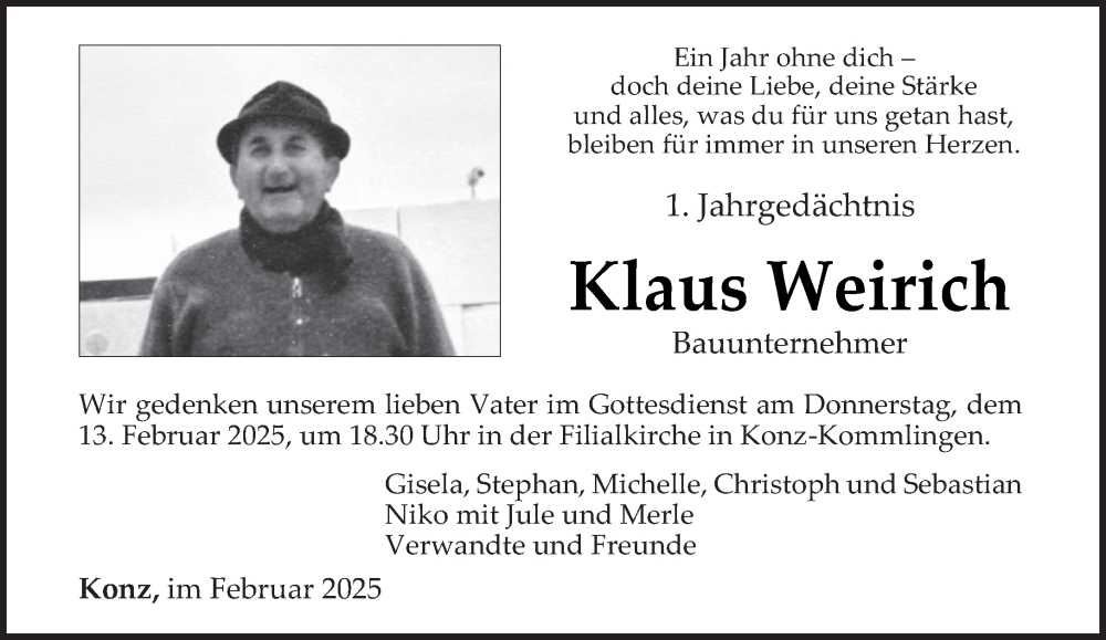  Traueranzeige für Klaus Weirich vom 08.02.2025 aus trierischer_volksfreund