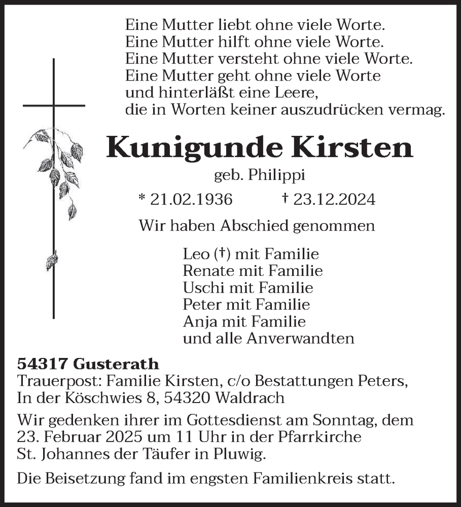  Traueranzeige für Kunigunde Kirsten vom 15.02.2025 aus trierischer_volksfreund
