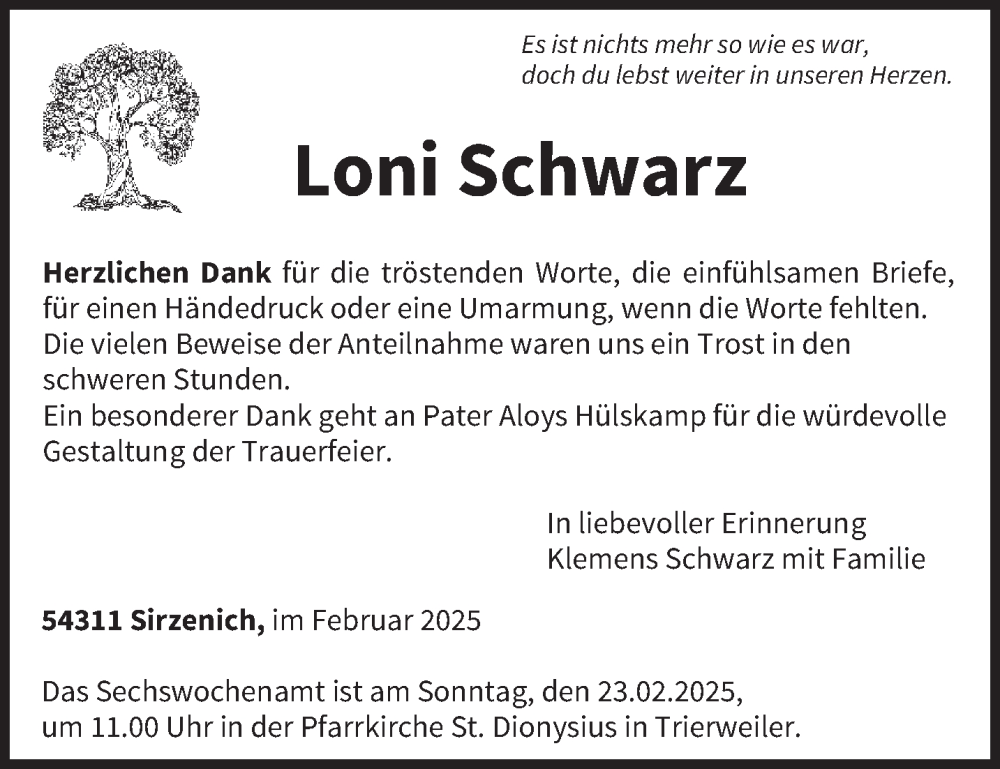  Traueranzeige für Loni Schwarz vom 15.02.2025 aus trierischer_volksfreund