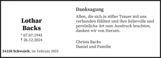 Traueranzeige von Lothar Backs von trierischer_volksfreund