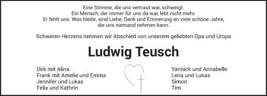 Traueranzeige von Ludwig Teusch von trierischer_volksfreund