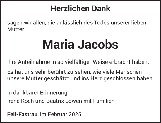 Traueranzeige von Maria Jacobs von trierischer_volksfreund
