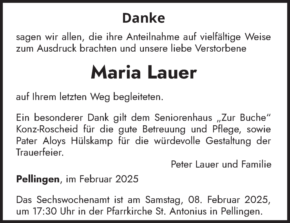  Traueranzeige für Maria Lauer vom 01.02.2025 aus trierischer_volksfreund