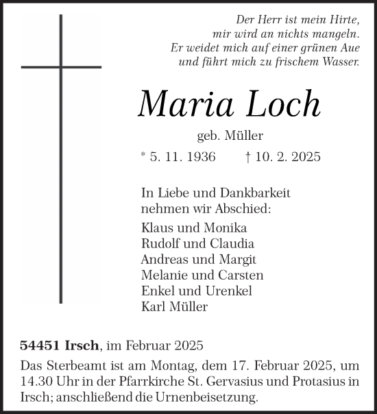 Traueranzeige von Maria Loch von trierischer_volksfreund
