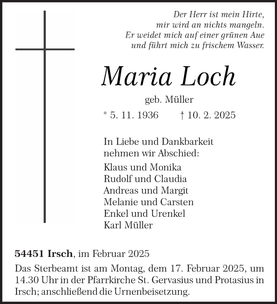  Traueranzeige für Maria Loch vom 12.02.2025 aus trierischer_volksfreund