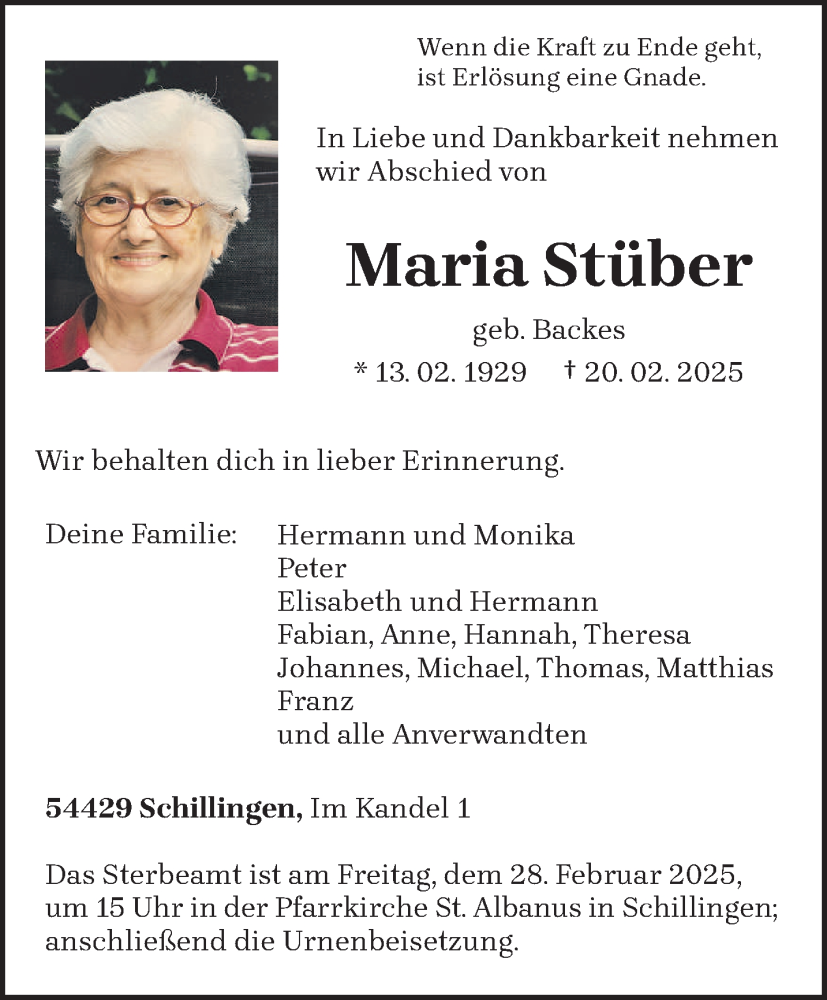  Traueranzeige für Maria Stüber vom 26.02.2025 aus trierischer_volksfreund