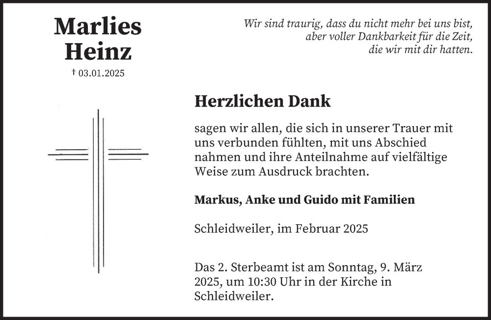  Traueranzeige für Marlies Heinz vom 19.02.2025 aus trierischer_volksfreund